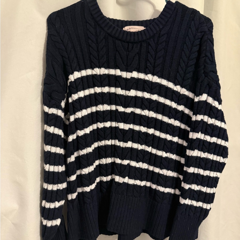 Classic Navy and White Striped Cable Knit Sweater